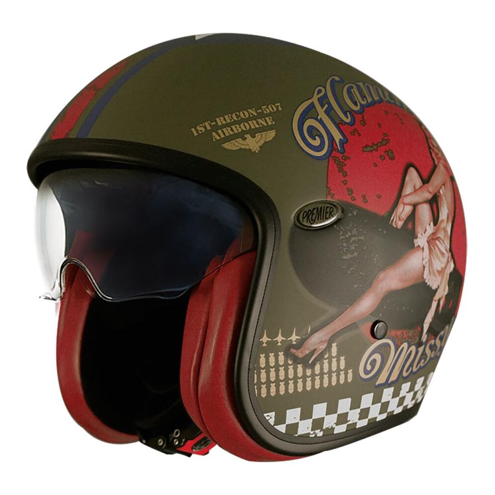 Premier Vintage Pin Up Open Face Helmet Matt Olive / Red