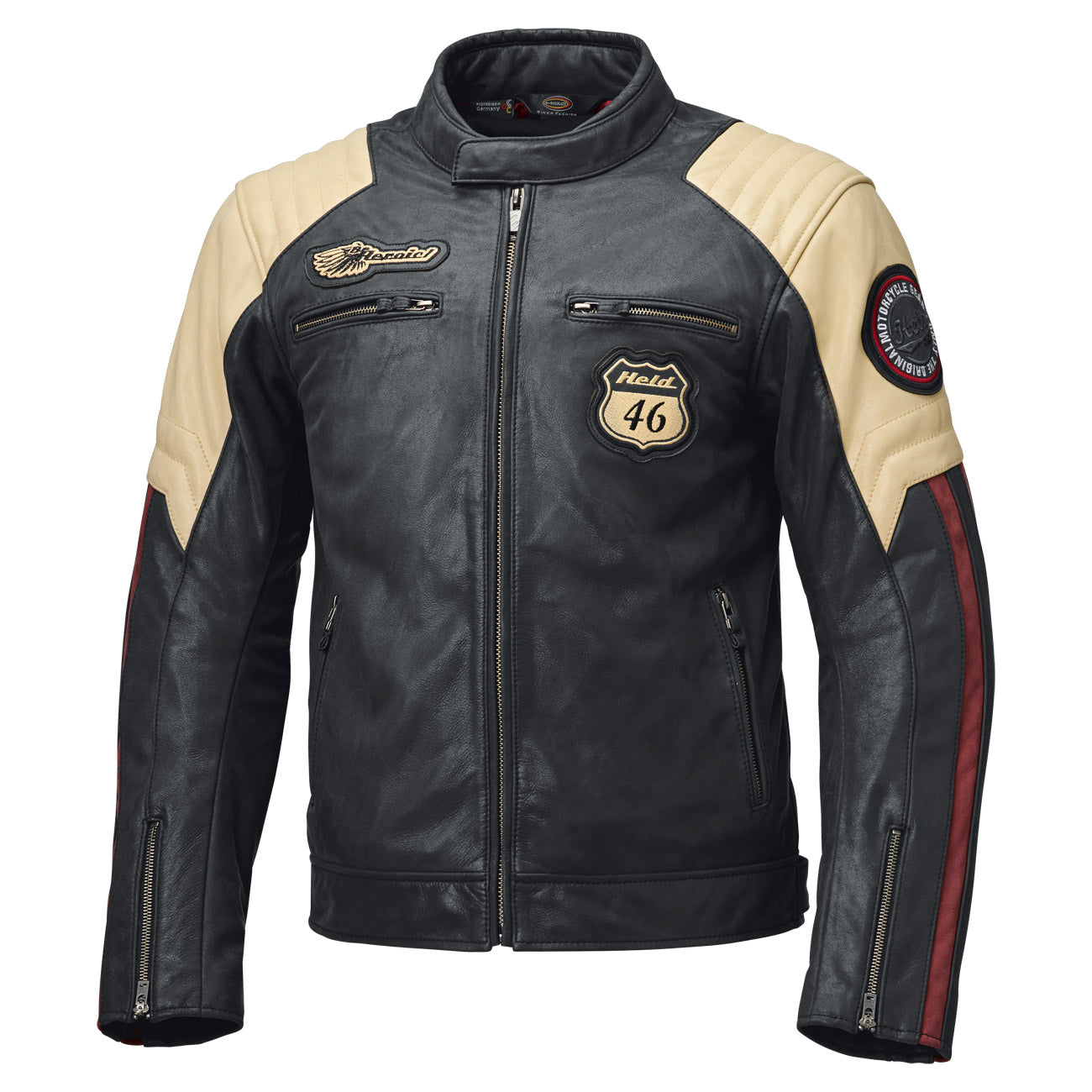 Held Baker 2 Leather Jacket Blue / Beige / Burgundy FREE 1 YEAR Returns, FREE UK Delivery | ThrottleChimp