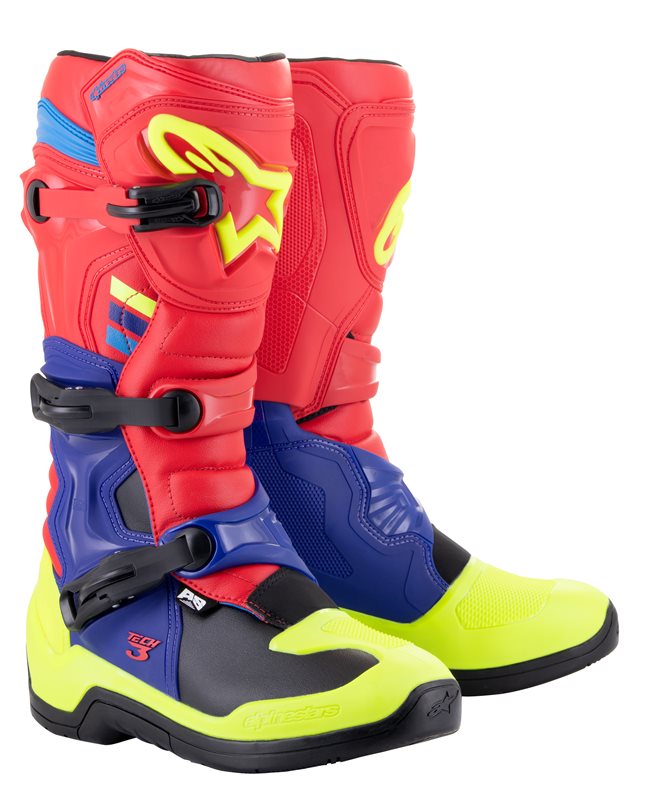 Alpinestars Tech 3 Off-Road Boots Bright Red / Dark Blue / Fluo Yellow FREE 1 YEAR Returns, FREE UK Delivery | ThrottleChimp