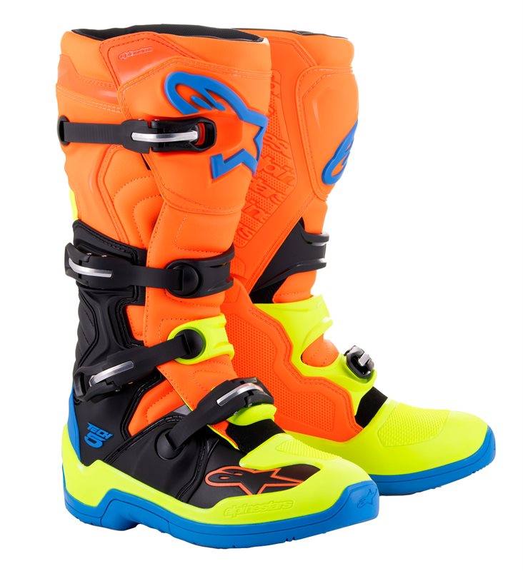 Alpinestars Tech 5 Off-Road Boots Fluo Orange / Enamel Blue / Fluo Yellow FREE 1 YEAR Returns, FREE UK Delivery | ThrottleChimp