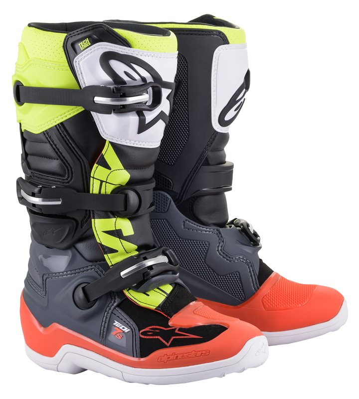 Alpinestars Youth Tech 7 S Off-Road Boots Dark Grey / Fluo Red / Fluo Yellow FREE 1 YEAR Returns, FREE UK Delivery | ThrottleChimp