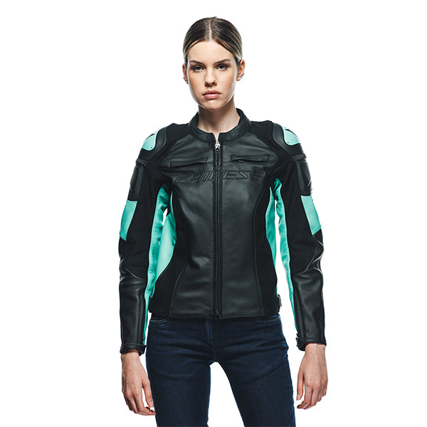 Dainese Racing 4 Ladies Leather Jacket Black / Aqua Green (Image 4) - ThrottleChimp