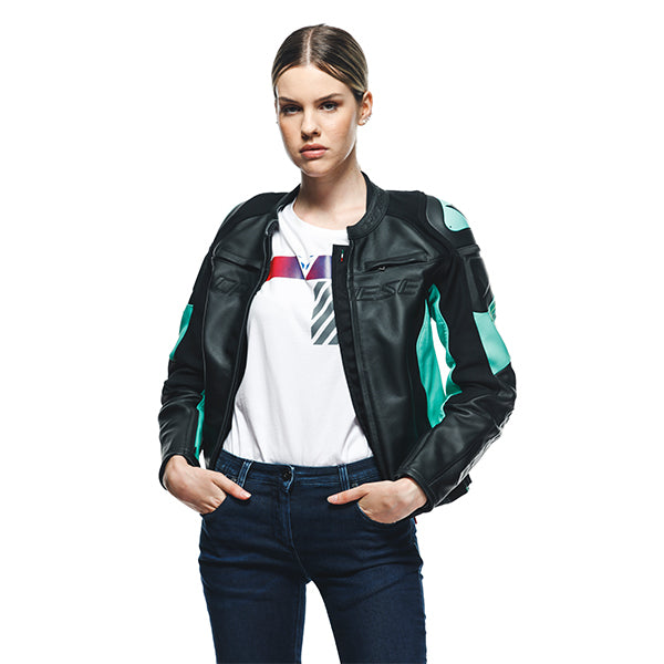 Dainese Racing 4 Ladies Leather Jacket Black / Aqua Green (Image 6) - ThrottleChimp