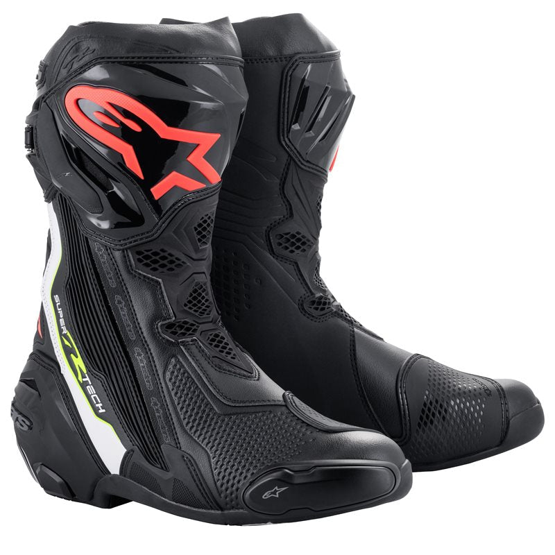 Alpinestars Supertech R Long Boots Black / White / Fluo Red / Fluo Yellow FREE 1 YEAR Returns, FREE UK Delivery | ThrottleChimp