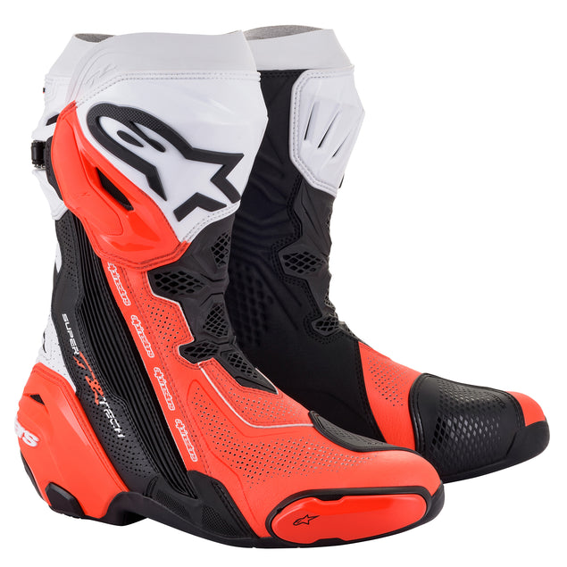 Alpinestars Supertech R Vented Long Boots Black / White / Fluo Red FREE 1 YEAR Returns, FREE UK Delivery | ThrottleChimp