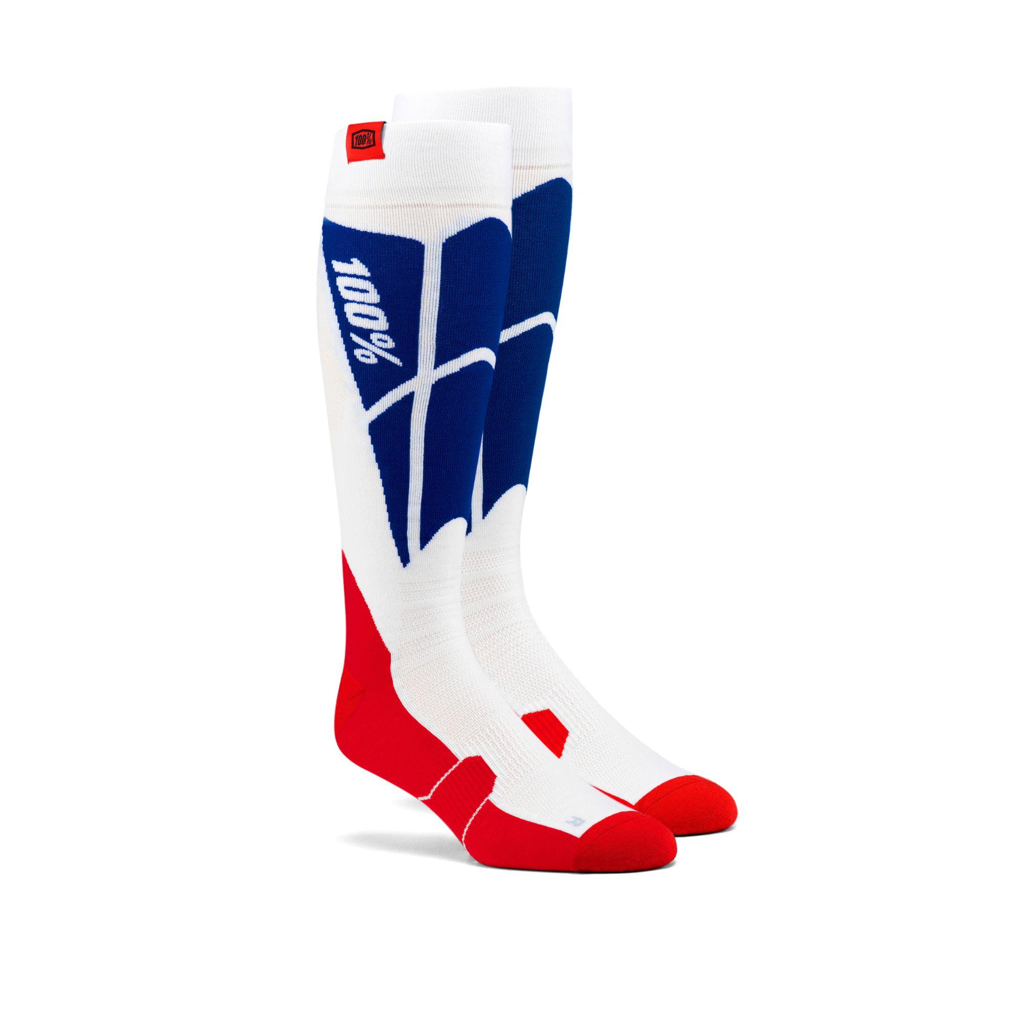 100% Hi Side Performance Moto Socks White / Blue FREE 1 YEAR Returns, FREE UK Delivery | ThrottleChimp