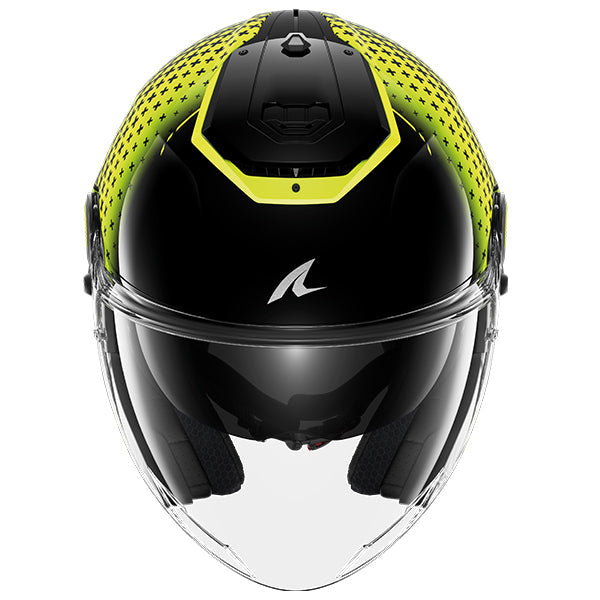 Shark RS Jet Open Face Helmet Stride Black / Yellow / Silver FREE 1 YEAR Returns, FREE UK Delivery | ThrottleChimp