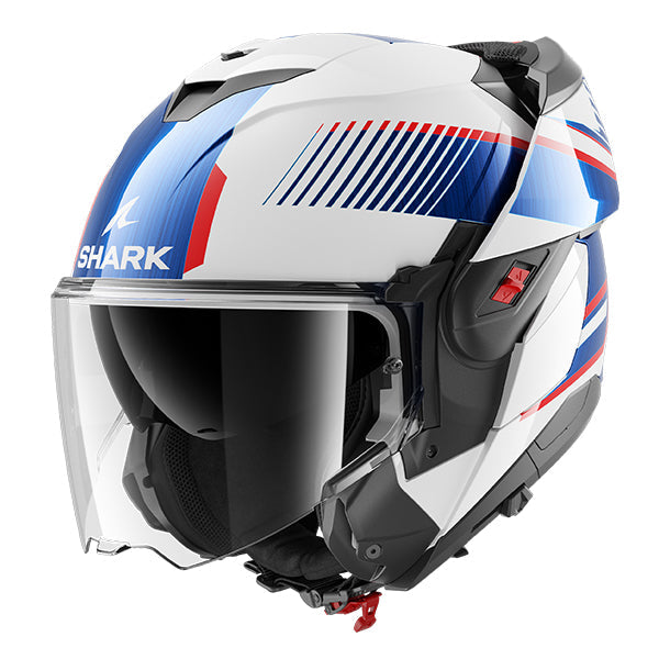 Shark OXO Flip Up Helmet Sikter White / Blue / Red FREE 1 YEAR Returns, FREE UK Delivery | ThrottleChimp