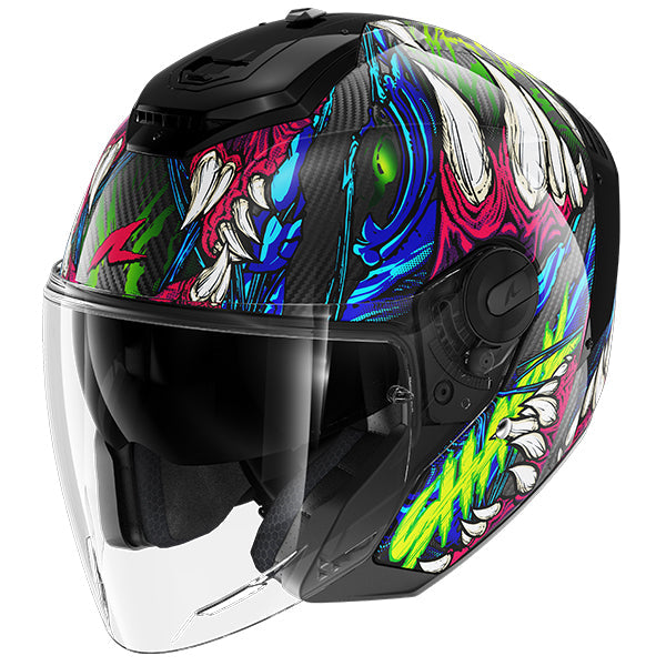 Shark RS Jet Carbon Open Face Helmet Shaytan Carbon / Green / Violet FREE 1 YEAR Returns, FREE UK Delivery | ThrottleChimp