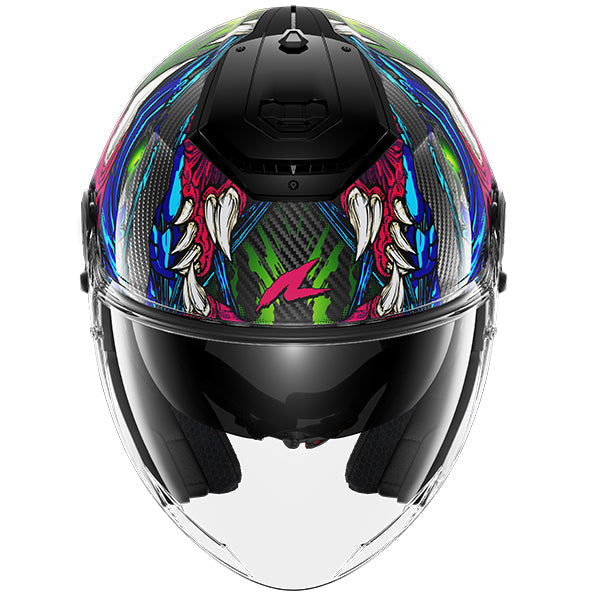 Shark RS Jet Carbon Open Face Helmet Shaytan Carbon / Green / Violet FREE 1 YEAR Returns, FREE UK Delivery | ThrottleChimp