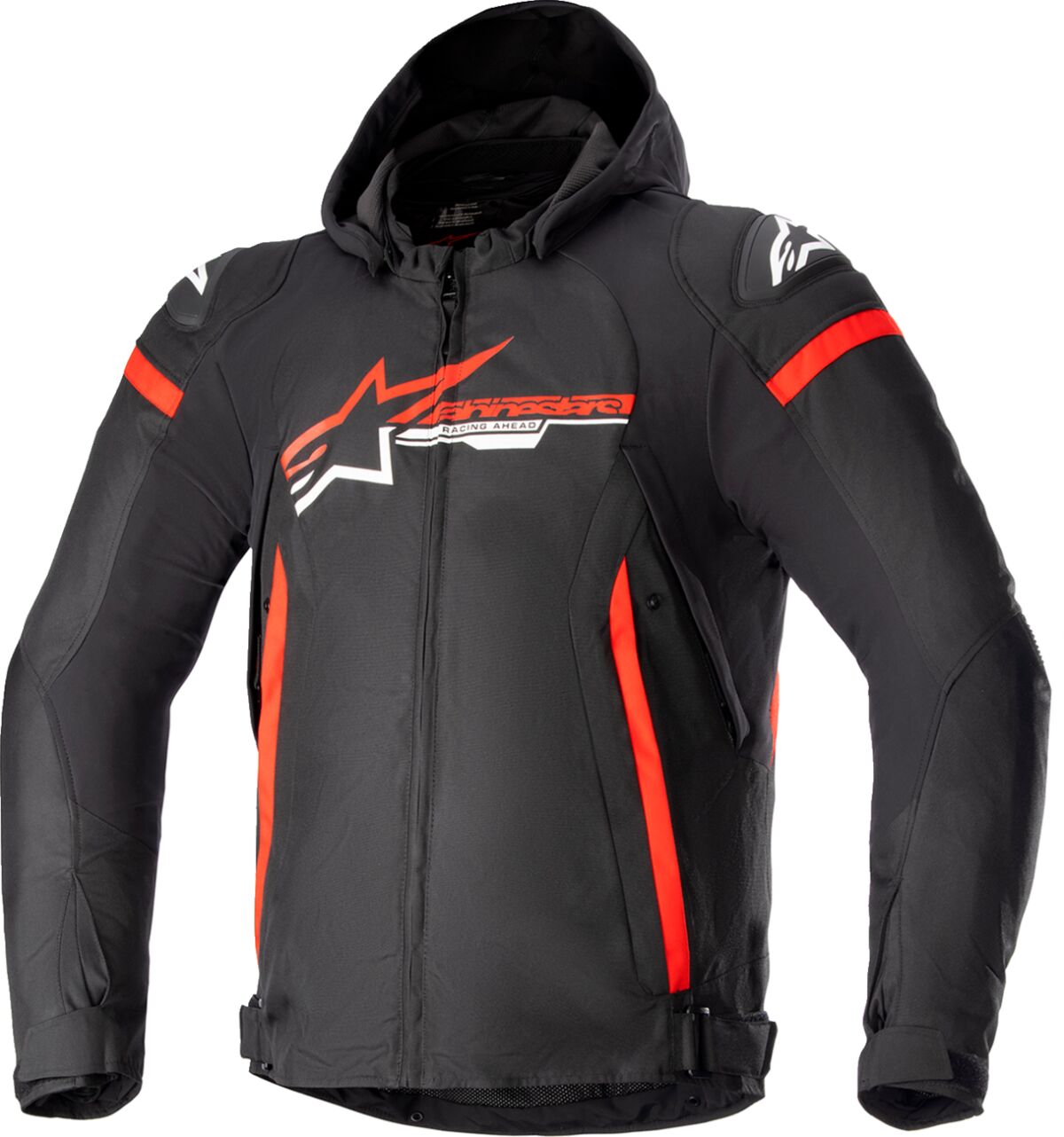 Alpinestars Zaca Waterproof Textile Jacket Black / Red / White FREE 1 Year Return, FREE UK Shipping | ThrottleChimp