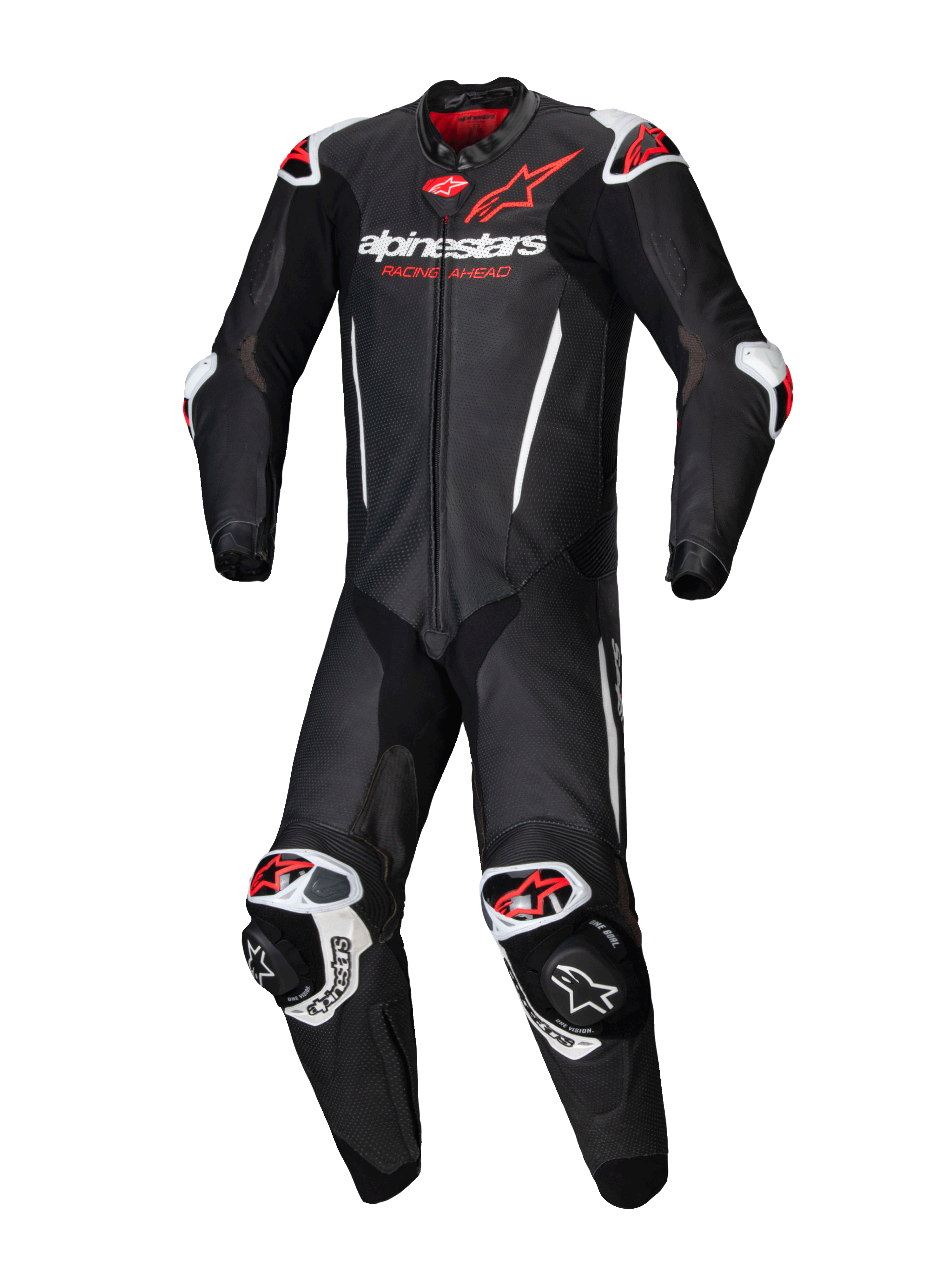 Alpinestars GP-R7 One Piece Leather Suit Black / White / Fluo Red FREE 1 YEAR Returns, FREE UK Delivery | ThrottleChimp