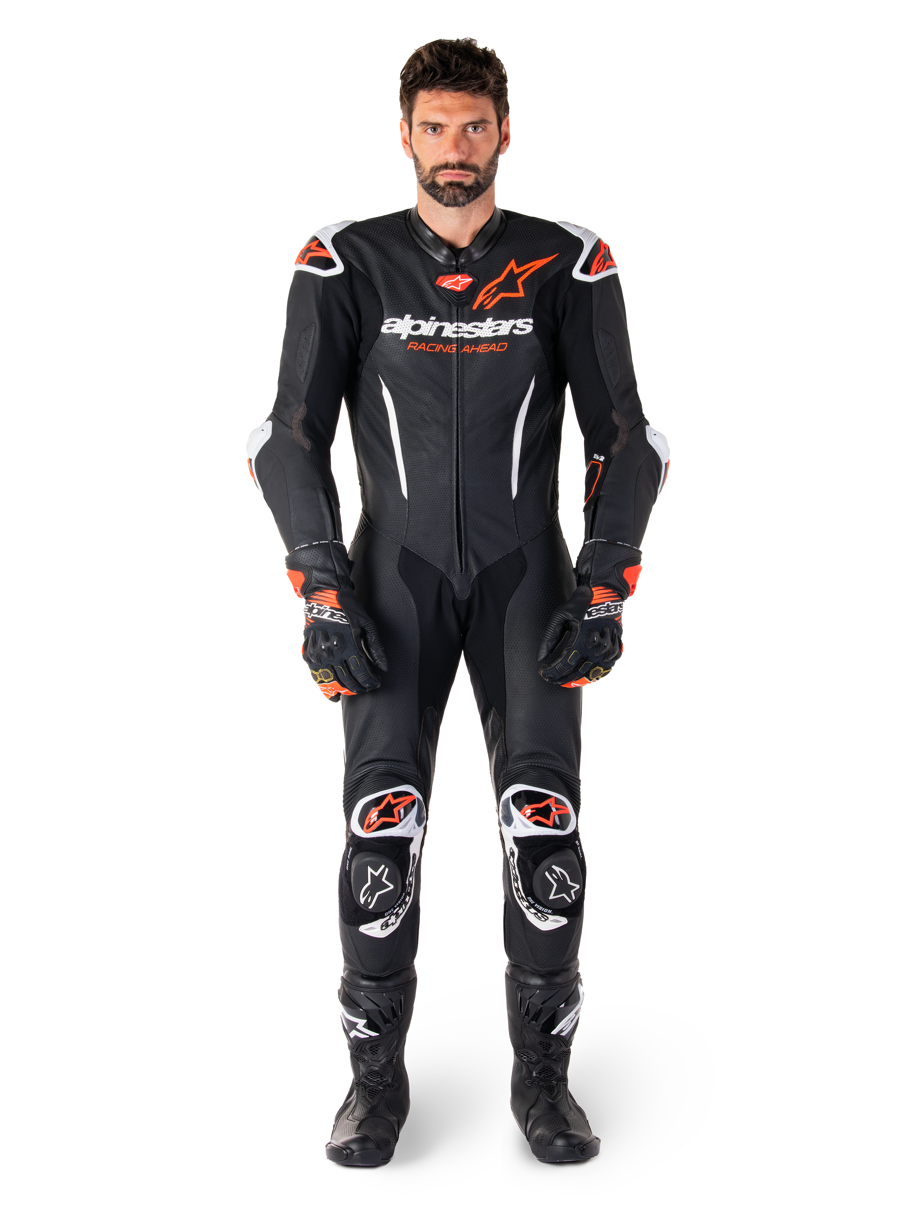 Alpinestars GP-R7 One Piece Leather Suit Black / White / Fluo Red FREE 1 YEAR Returns, FREE UK Delivery | ThrottleChimp