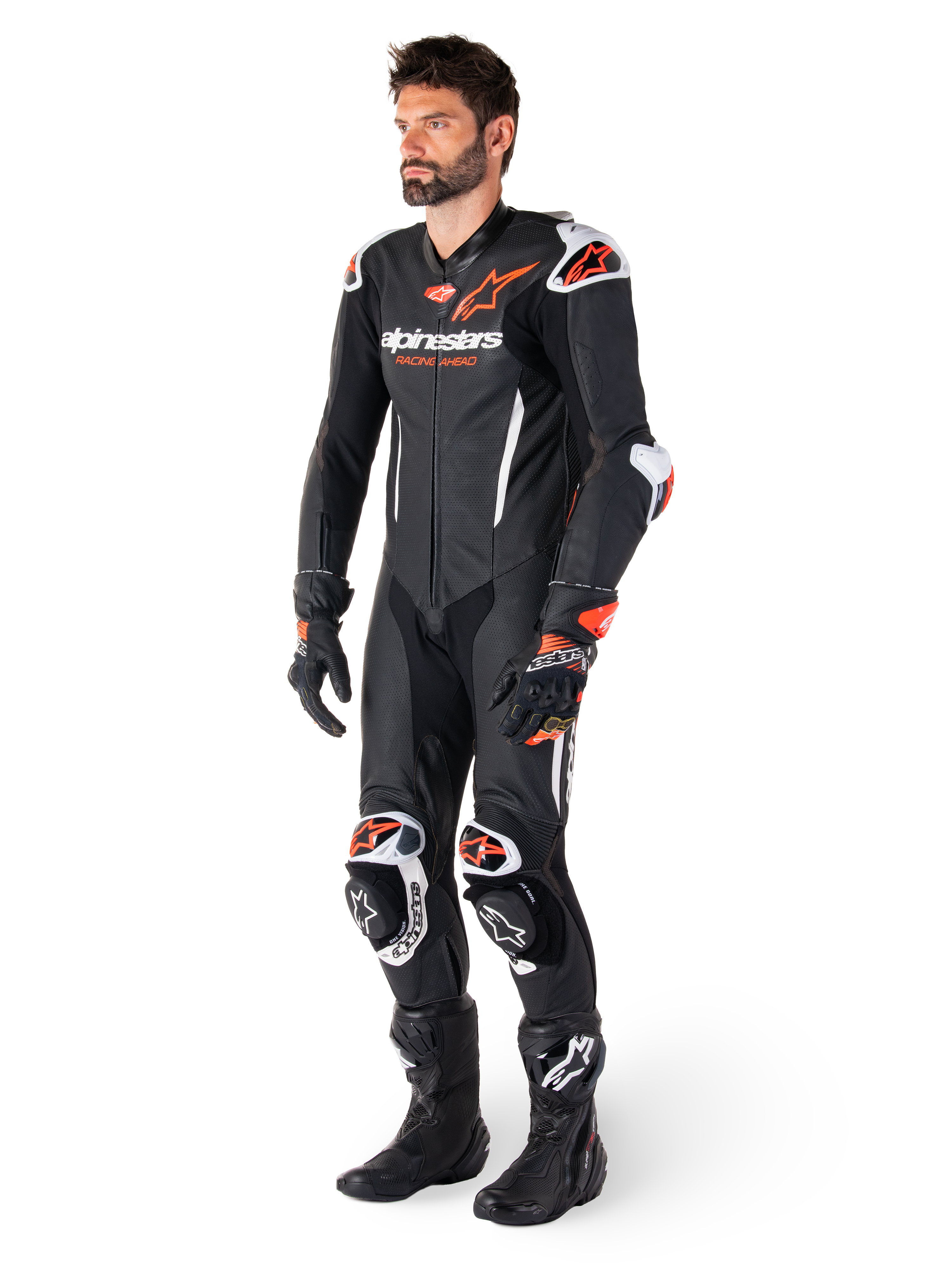 Alpinestars GP-R7 One Piece Leather Suit Black / White / Fluo Red FREE 1 YEAR Returns, FREE UK Delivery | ThrottleChimp