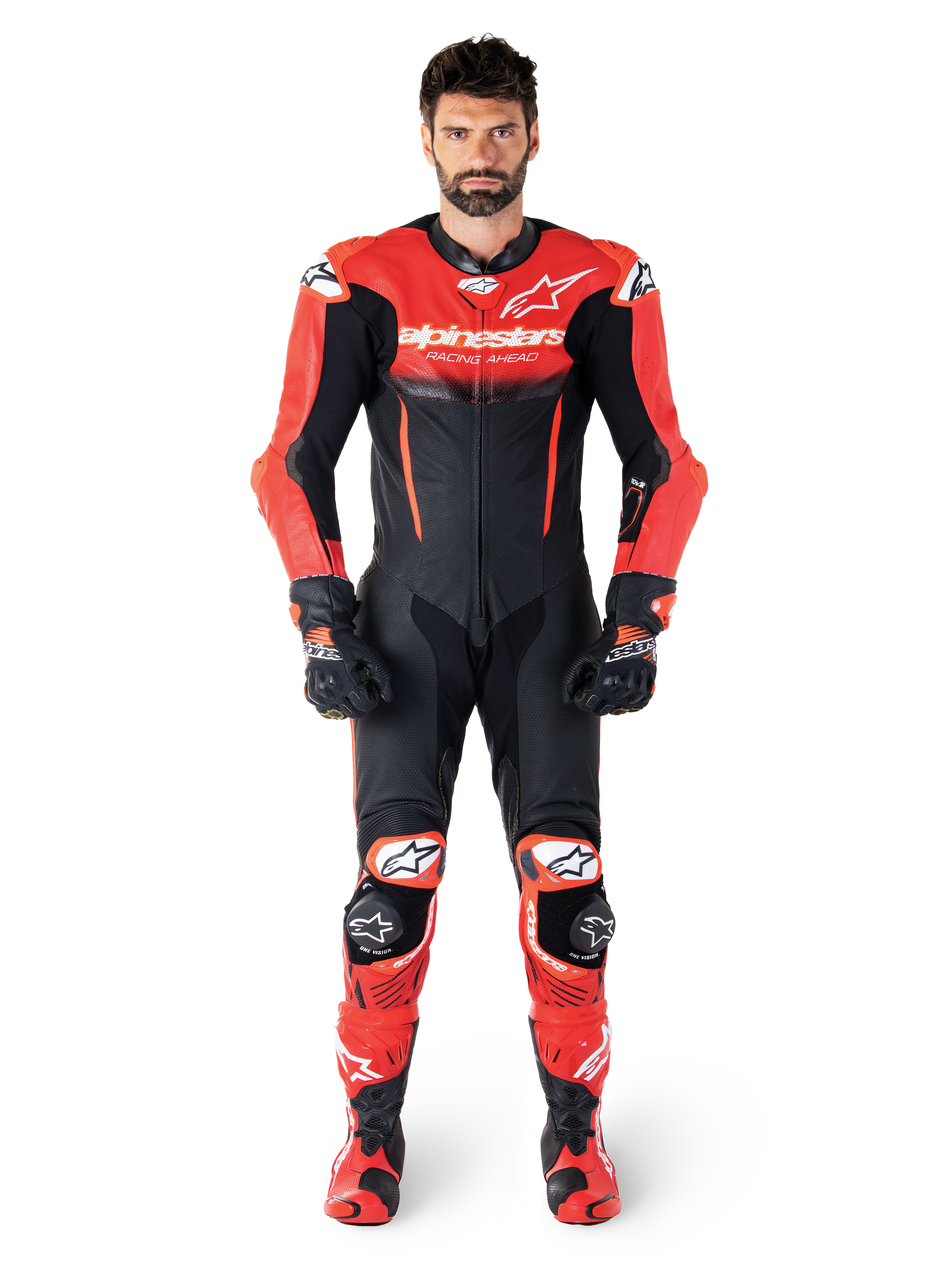 Alpinestars GP-R7 One Piece Leather Suit Black / Mid Red FREE 1 YEAR Returns, FREE UK Delivery | ThrottleChimp