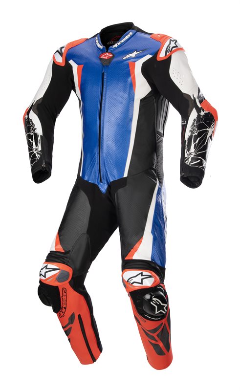 Alpinestars Racing Absolute V2 One Piece Leather Suit Metallic Blue / Black / White / Fluo Red FREE 1 YEAR Returns, FREE UK Delivery | ThrottleChimp