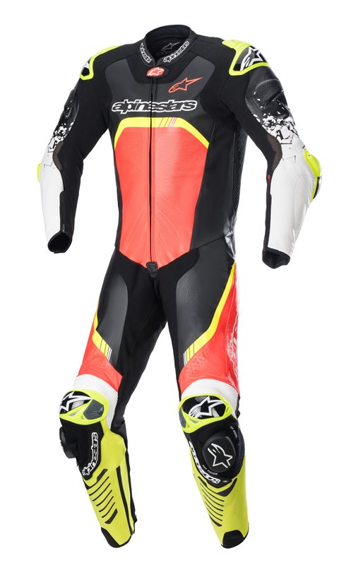 Alpinestars GP Tech V4 One Piece Suit Black / Fluo Red / Fluo Yellow FREE 1 YEAR Returns, FREE UK Delivery | ThrottleChimp