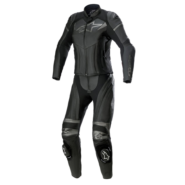 Alpinestars Stella GP Plus Two Piece Leather Suit Black / Metallic Grey FREE 1 YEAR Returns, FREE UK Delivery | ThrottleChimp