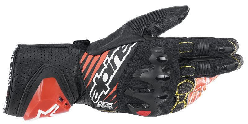 Alpinestars GP Tech V2 Gloves Black / White / Fluo Red FREE 1 YEAR Returns, FREE UK Delivery | ThrottleChimp