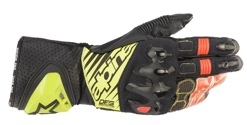 Alpinestars GP Tech V2 Gloves Black / Fluo Yellow / White / Fluo Red FREE 1 YEAR Returns, FREE UK Delivery | ThrottleChimp