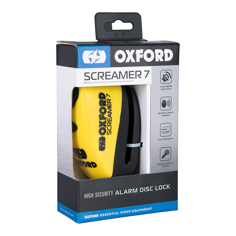 Oxford Screamer7 Alarm Disc Lock Yellow / Black FREE 1 YEAR Returns, FREE UK Delivery | ThrottleChimp