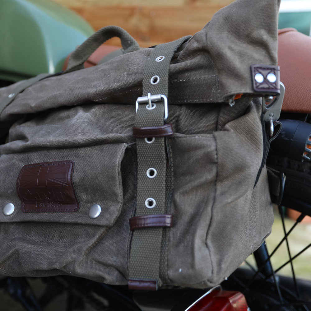 Oxford Heritage Pannier Bag Khaki - 40 Litres FREE 1 YEAR Returns, FREE UK Delivery | ThrottleChimp