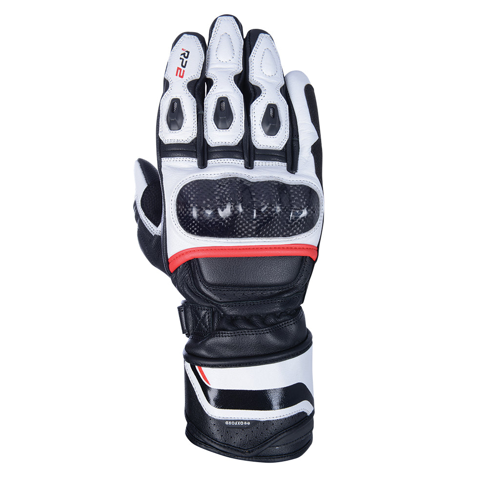 Oxford RP-2 2.0 Sports Long Leather Gloves Stealth Black / White / Red - ThrottleChimp