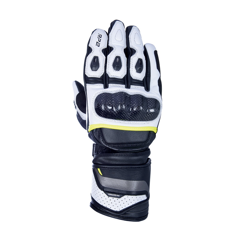 Oxford RP-2 2.0 Sports Long Leather Gloves Stealth Black / White / Fluo Yellow - ThrottleChimp