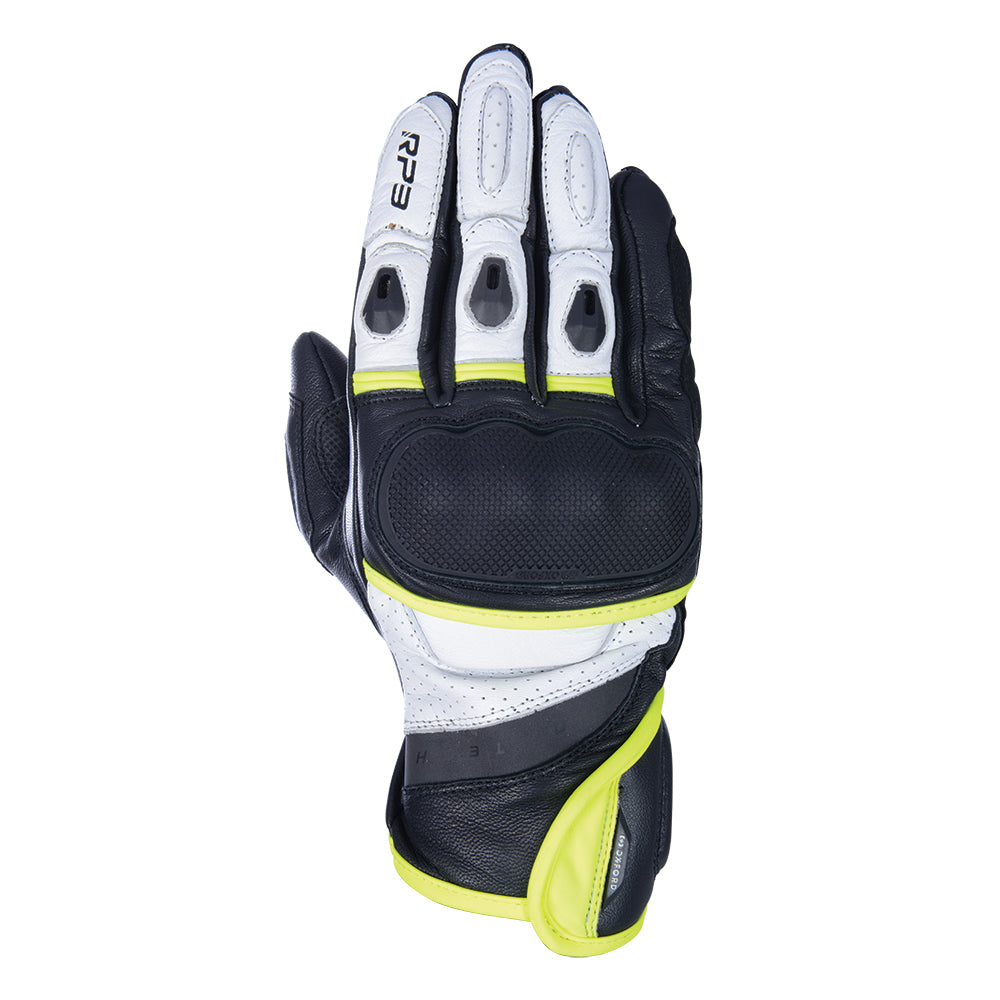 Oxford RP-3 2.0 Sports Short Leather Gloves Black / White / Fluo Yellow - ThrottleChimp