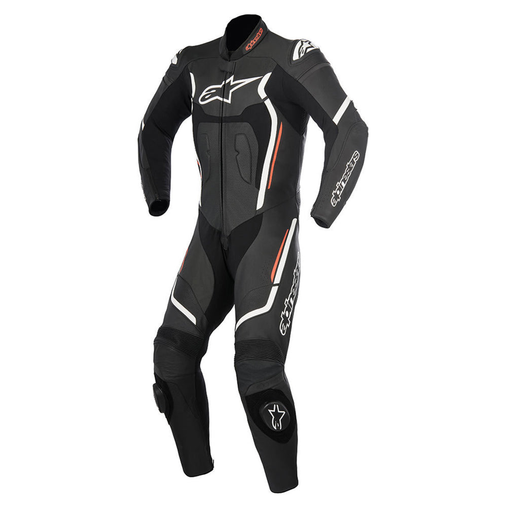 Alpinestars Motegi V2 Stella One Piece Ladies Leather Suit Black / White / Fluo Red FREE 1 YEAR Returns, FREE UK Delivery | ThrottleChimp