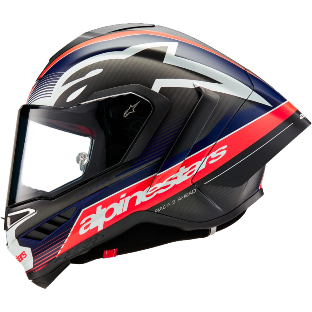 Alpinestars Supertech R10 Team ECE 06 / FIM Full Face Helmet Black / Carbon / Fluo Red / Matt Dark Blue (Image 4) - ThrottleChimp