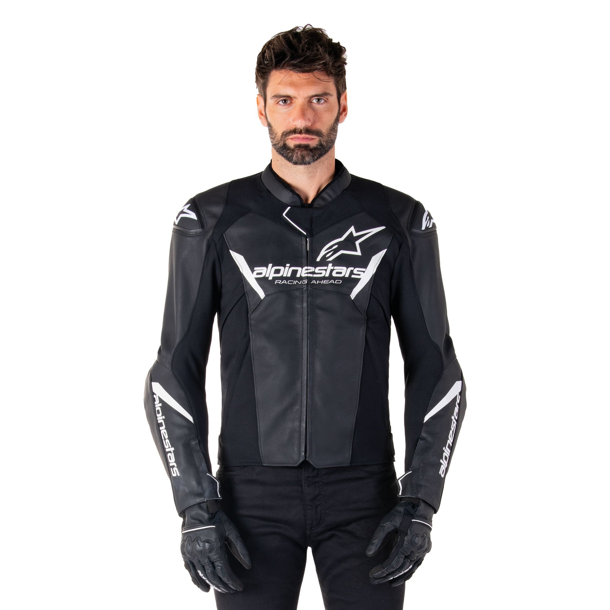 Alpinestars Faster V3 Leather Jacket Black / White FREE 1 YEAR Returns, FREE UK Delivery | ThrottleChimp