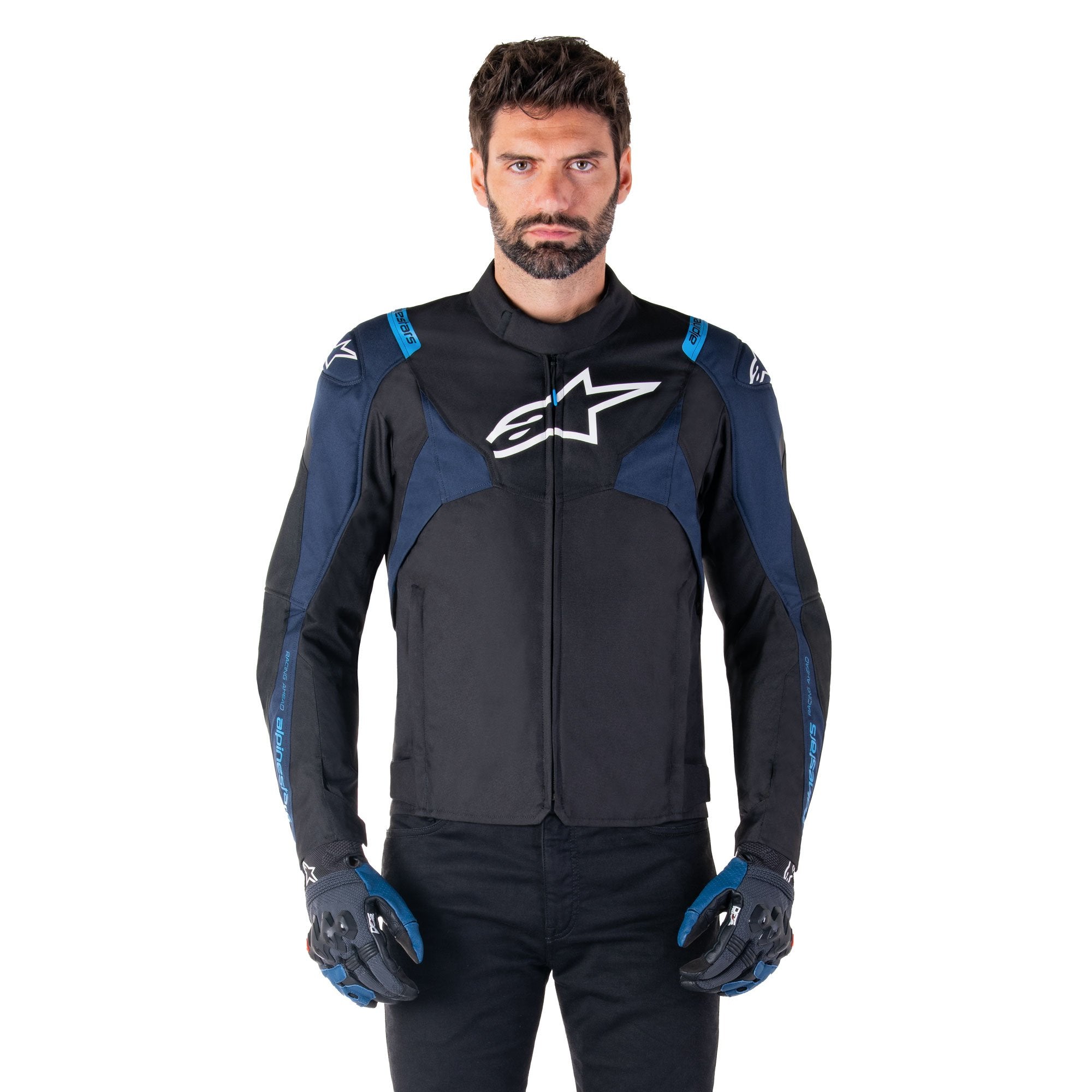 Alpinestars T-Jaws V4 Waterproof Textile Jacket Black / Dark Blue / Blithe Blue FREE 1 YEAR Returns, FREE UK Delivery | ThrottleChimp