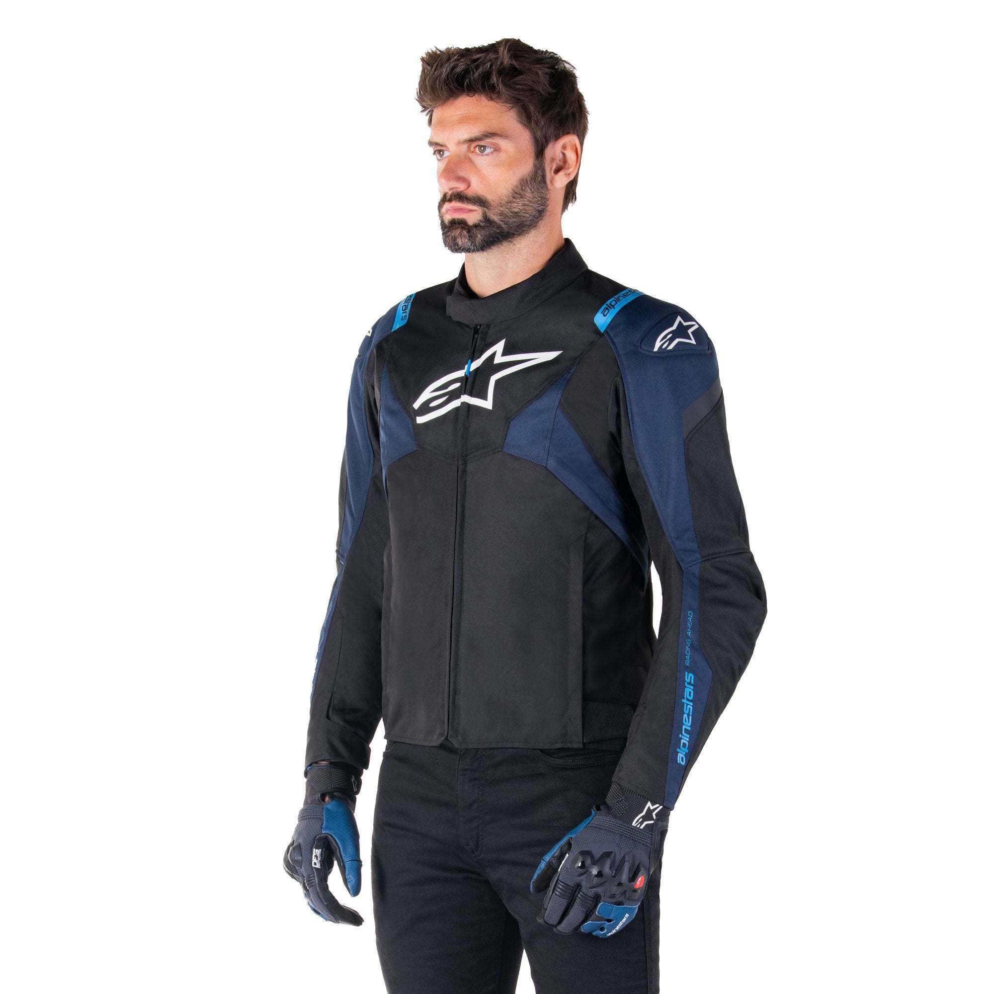 Alpinestars T-Jaws V4 Waterproof Textile Jacket Black / Dark Blue / Blithe Blue FREE 1 YEAR Returns, FREE UK Delivery | ThrottleChimp