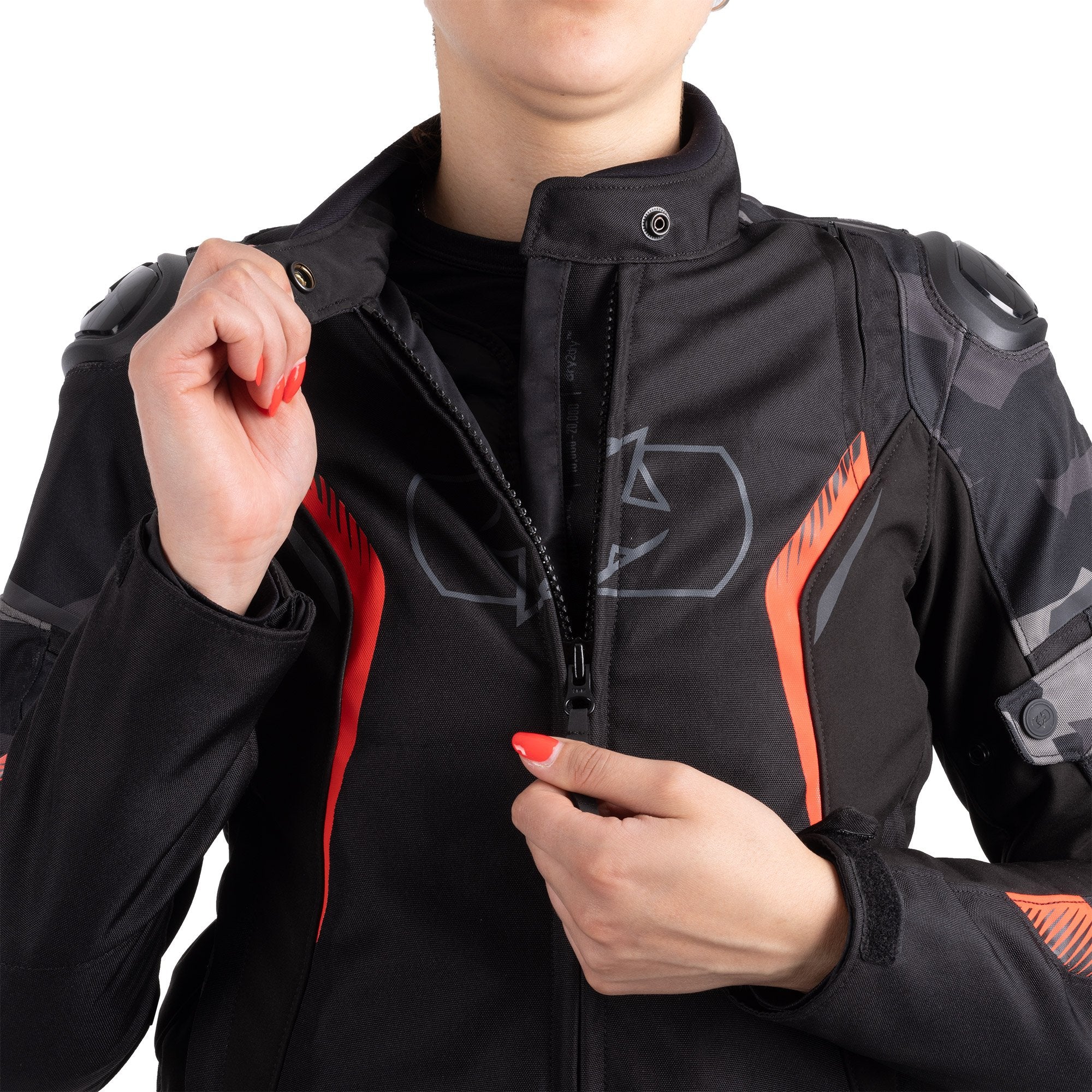 Oxford Omega 1.0 Dry2Dry Ladies Textile Jacket Black / Camo / Red FREE 1 YEAR Returns, FREE UK Delivery | ThrottleChimp