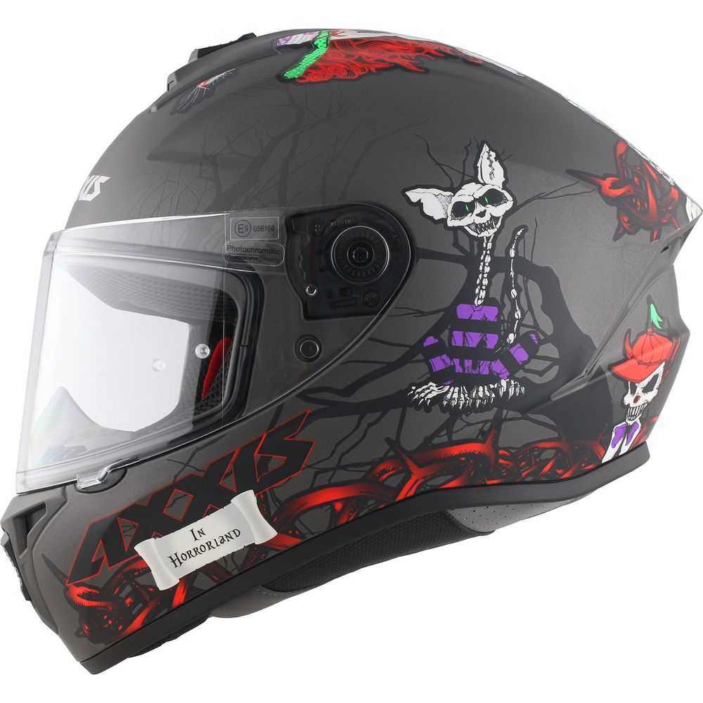 Axxis Draken S Horrorland A2 Full Face Helmet Matt Titanium FREE 1 YEAR Returns, FREE UK Delivery | ThrottleChimp