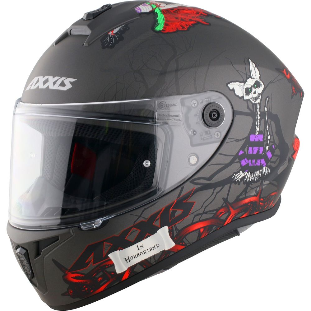 Axxis Draken S Horrorland A2 Full Face Helmet Matt Titanium FREE 1 YEAR Returns, FREE UK Delivery | ThrottleChimp