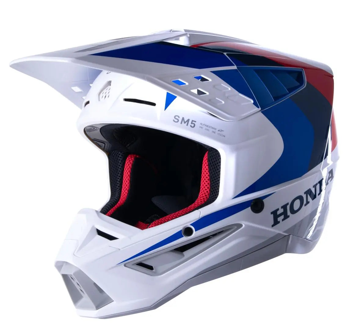 Alpinestars Honda S-M5 ECE 22.06 Gloss White / Blue / Red FREE 1 YEAR Returns, FREE UK Delivery | ThrottleChimp