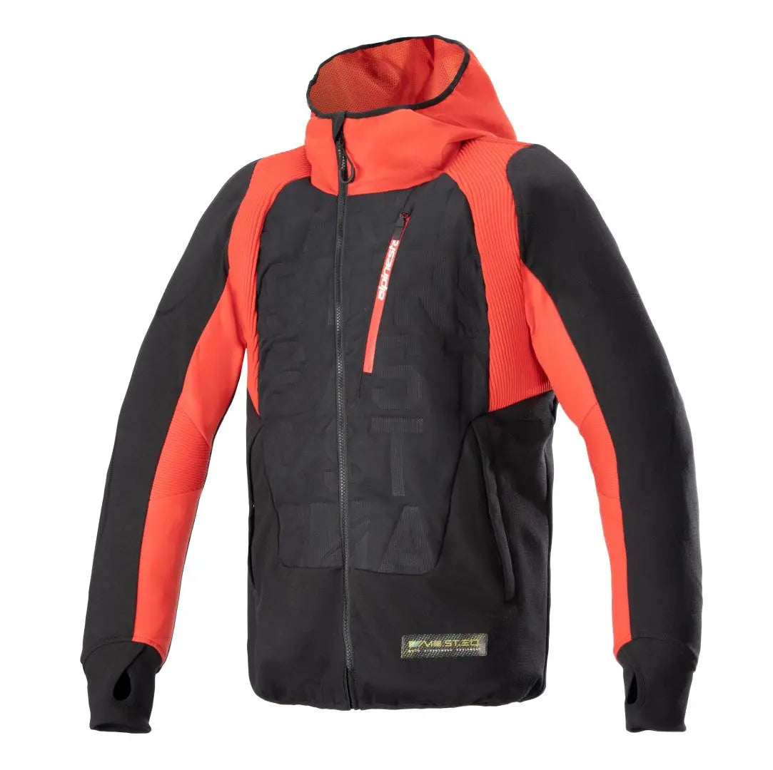 Alpinestars MO.ST.EQ Hybrid Hooded Textile Jacket Black / Flame Red FREE 1 YEAR Returns, FREE UK Delivery | ThrottleChimp