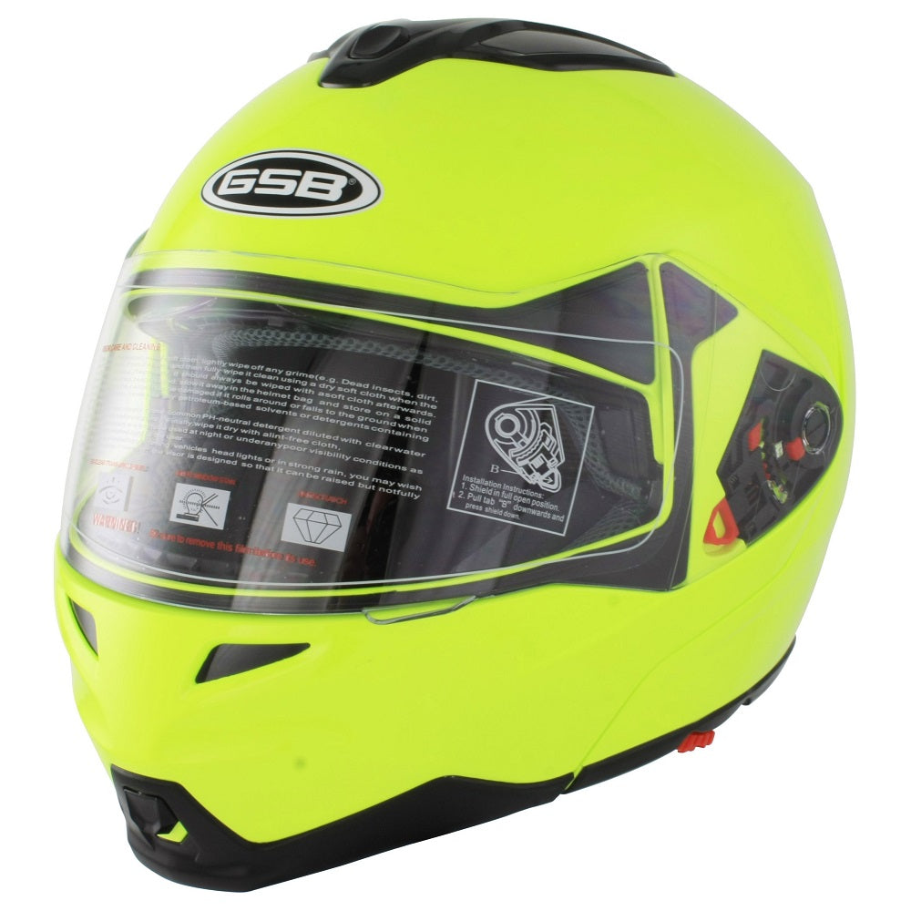 GSB G-339 Flip-Up Helmet Gloss Plain Fluo Yellow (Image 2) - ThrottleChimp