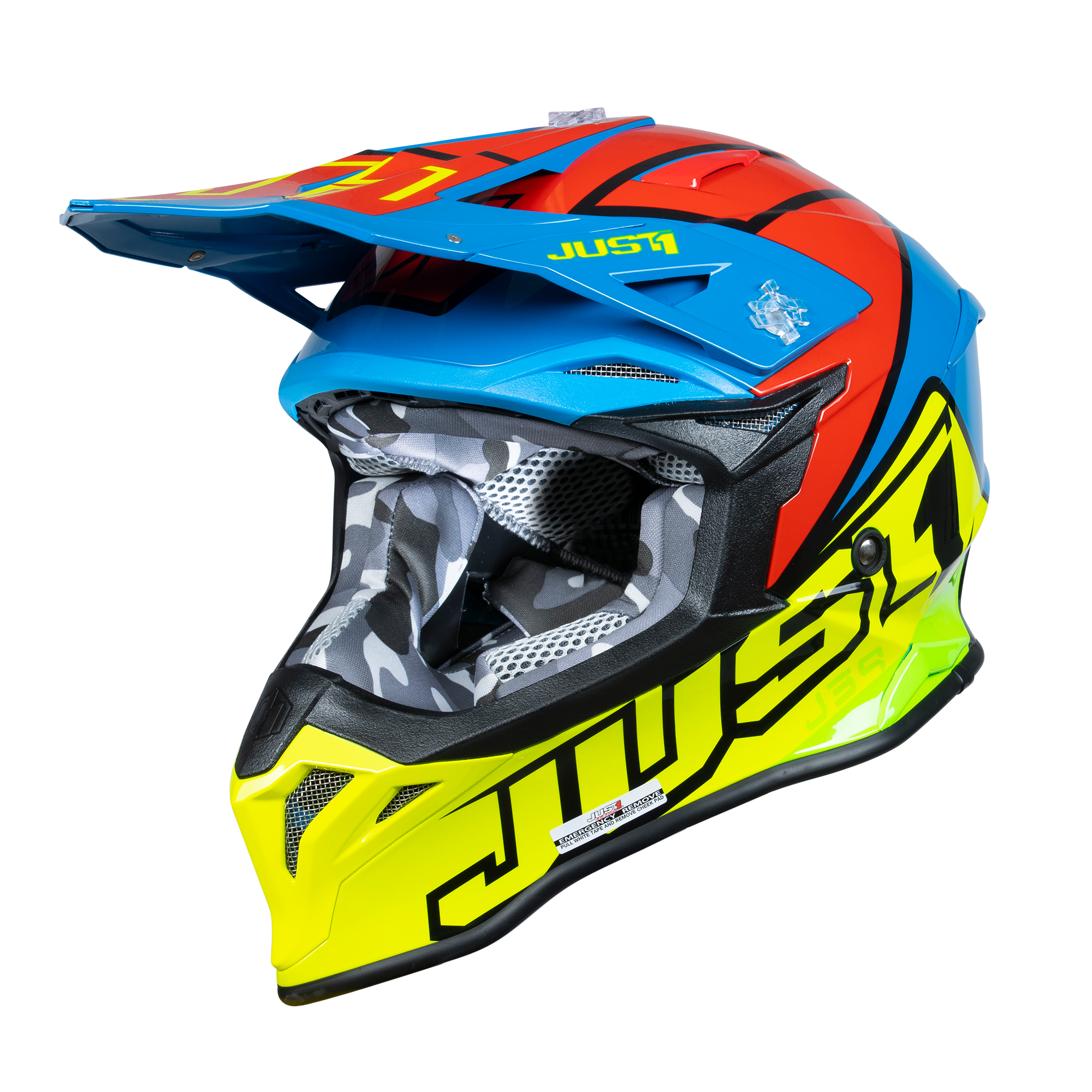 Just1 J39 Motocross Helmet Thruster Blue / Fluo Yellow / Red FREE 1 YEAR Returns, FREE UK Delivery | ThrottleChimp