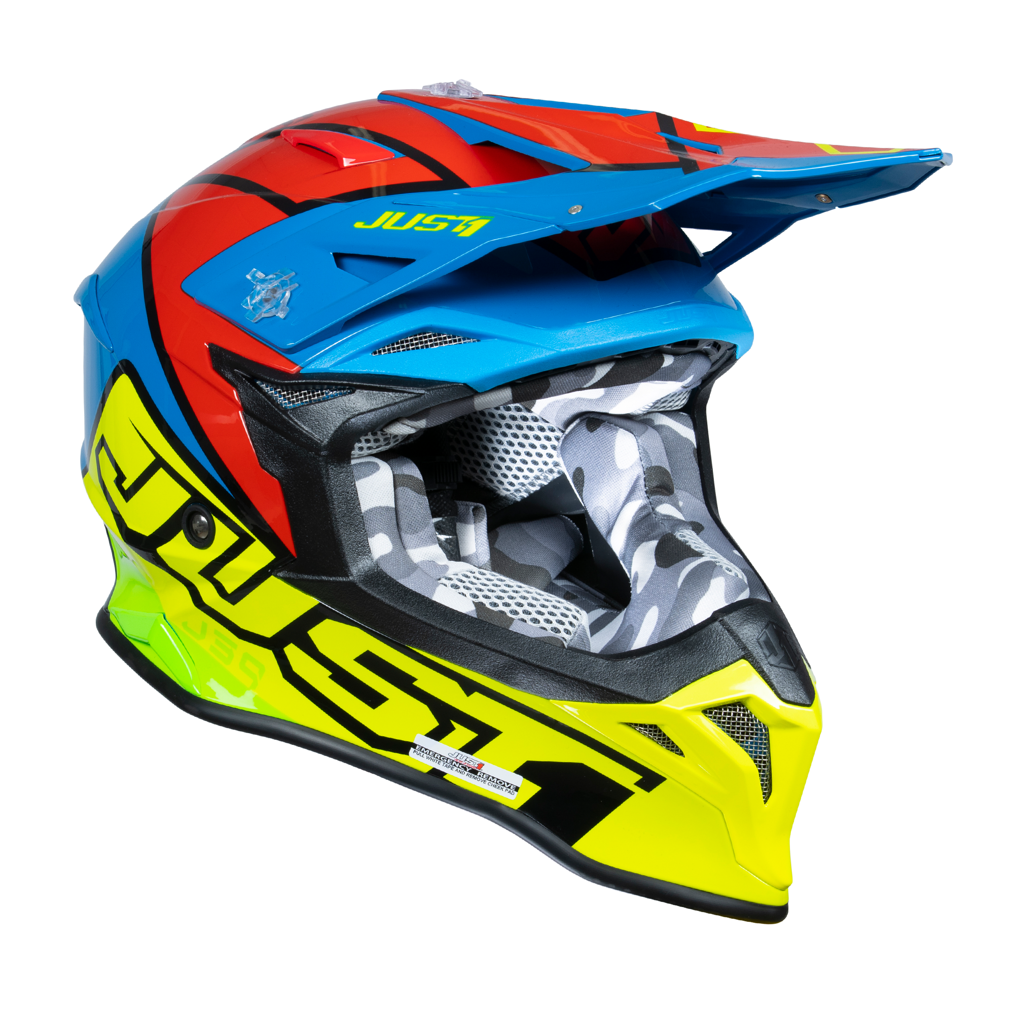 Just1 J39 Motocross Helmet Thruster Blue / Fluo Yellow / Red FREE 1 YEAR Returns, FREE UK Delivery | ThrottleChimp