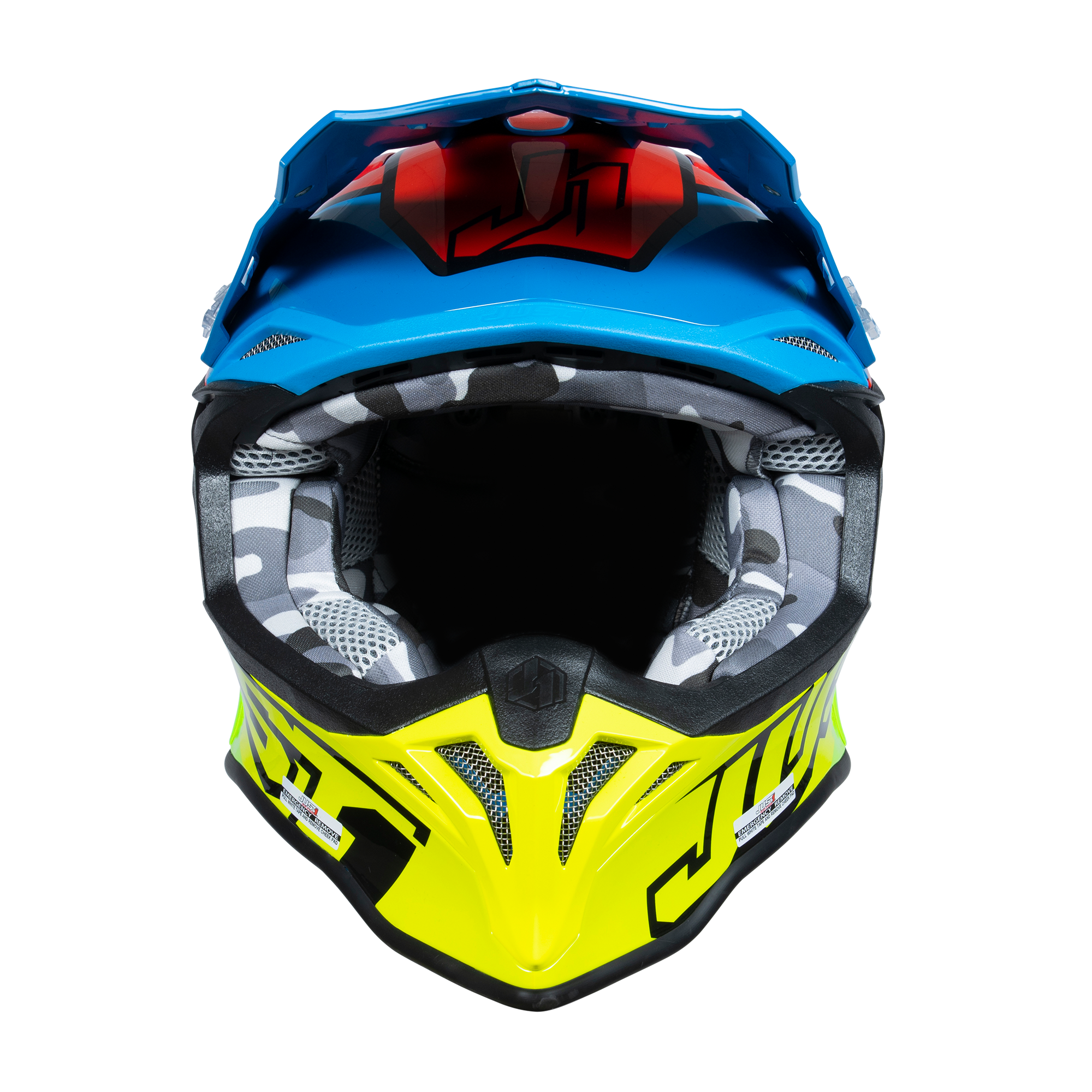 Just1 J39 Motocross Helmet Thruster Blue / Fluo Yellow / Red FREE 1 YEAR Returns, FREE UK Delivery | ThrottleChimp