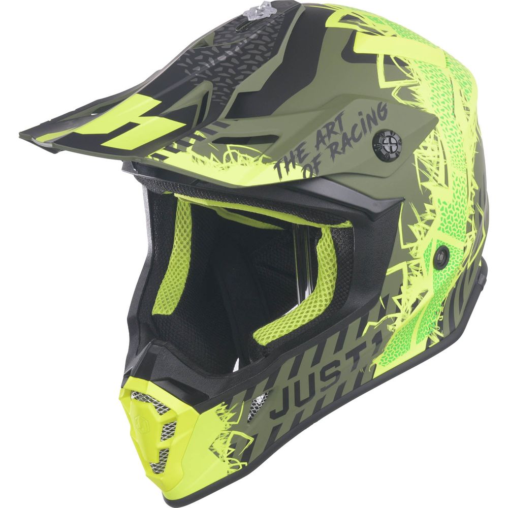 Just1 J38 MX Helmet Mask Fluo Yellow / Black / Matt Army Green (Image 2) - ThrottleChimp