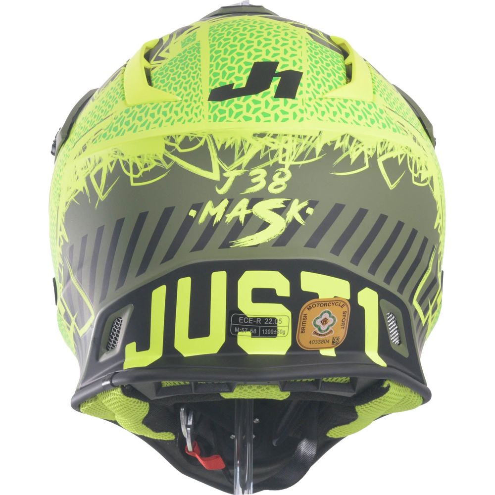 Just1 J38 MX Helmet Mask Fluo Yellow / Black / Matt Army Green (Image 5) - ThrottleChimp