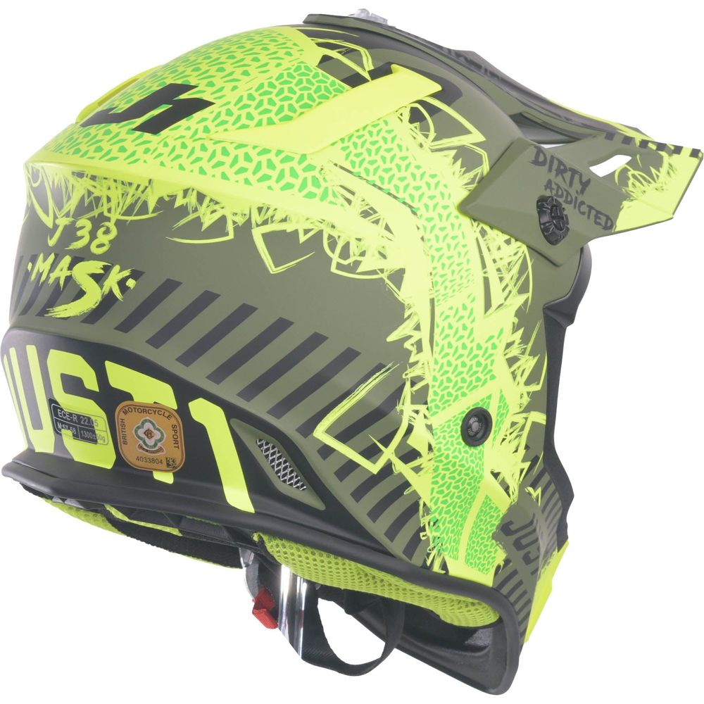 Just1 J38 MX Helmet Mask Fluo Yellow / Black / Matt Army Green (Image 6) - ThrottleChimp