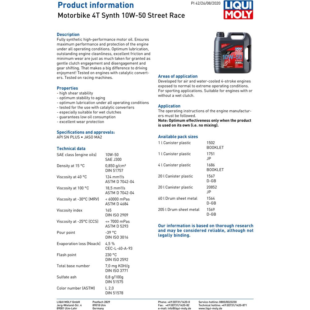 Liqui Moly 4 Stroke Fully Synthetic Street Race 10W-50 Oil (Image 2) - ThrottleChimp