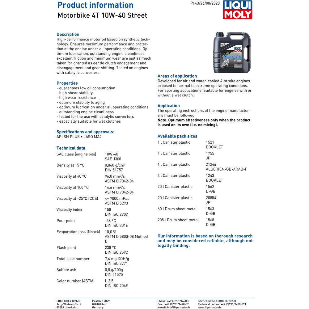 Liqui Moly 4 Stroke Semi Synthetic Street 10W-40 Oil (Image 2) - ThrottleChimp