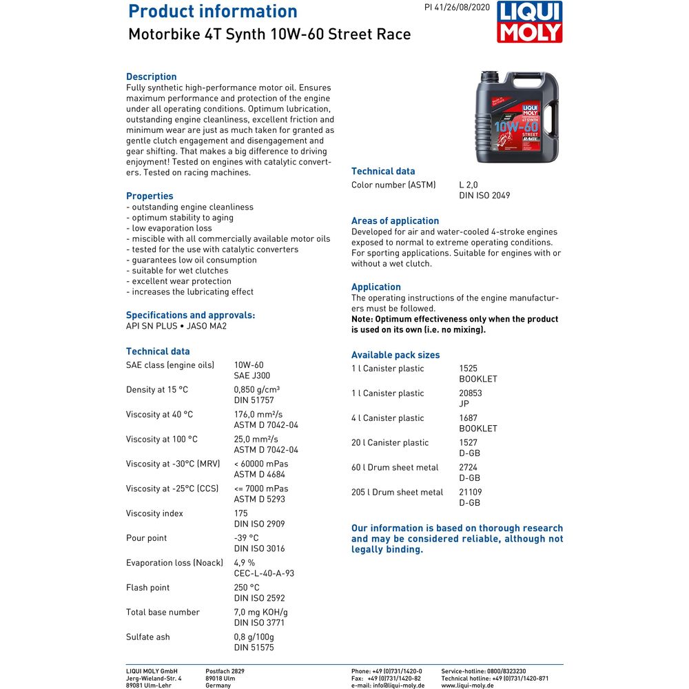 Liqui Moly 4 Stroke Fully Synthetic Street Race 10W-60 Oil (Image 2) - ThrottleChimp