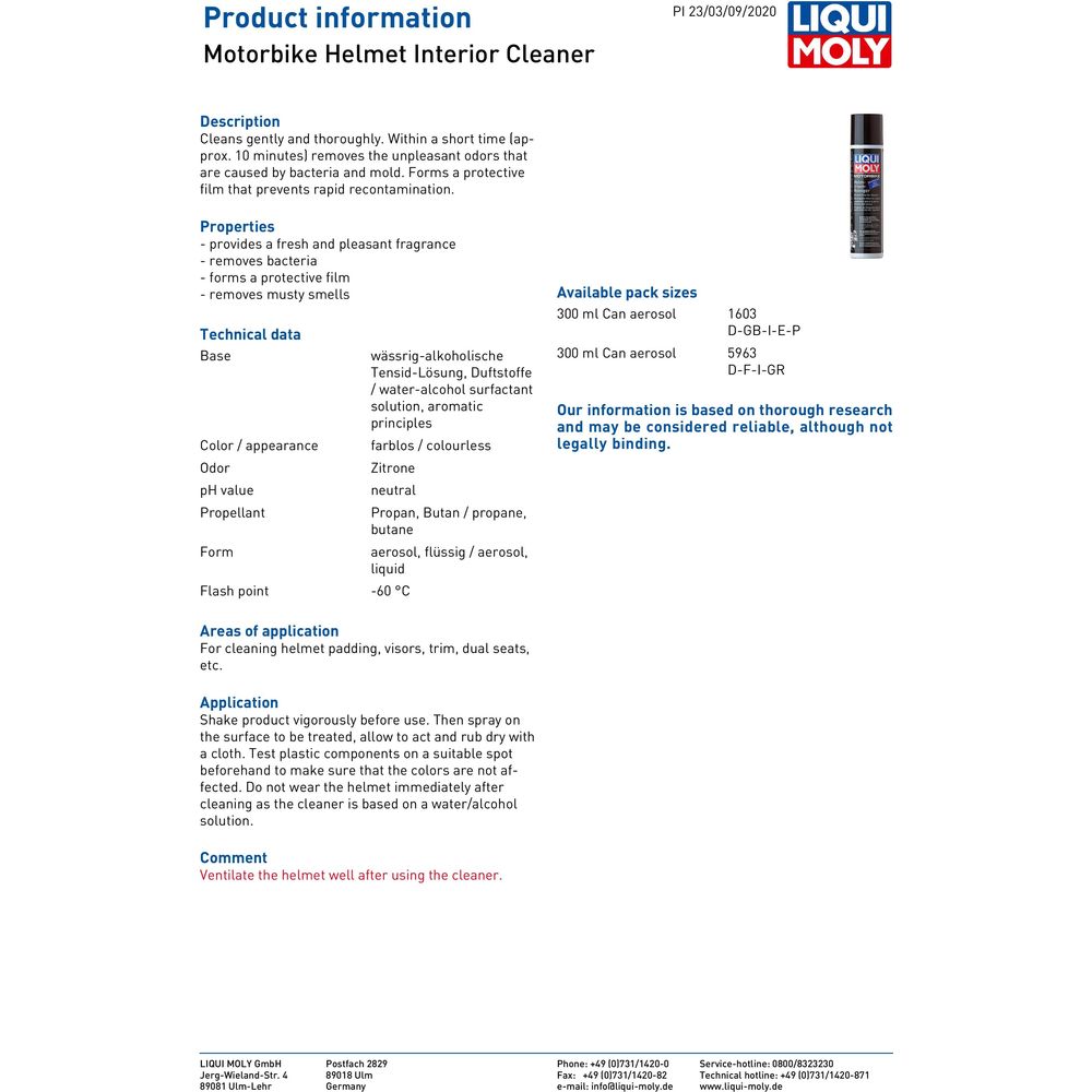 Liqui Moly Helmet Interior Cleaner 1603 (Image 2) - ThrottleChimp